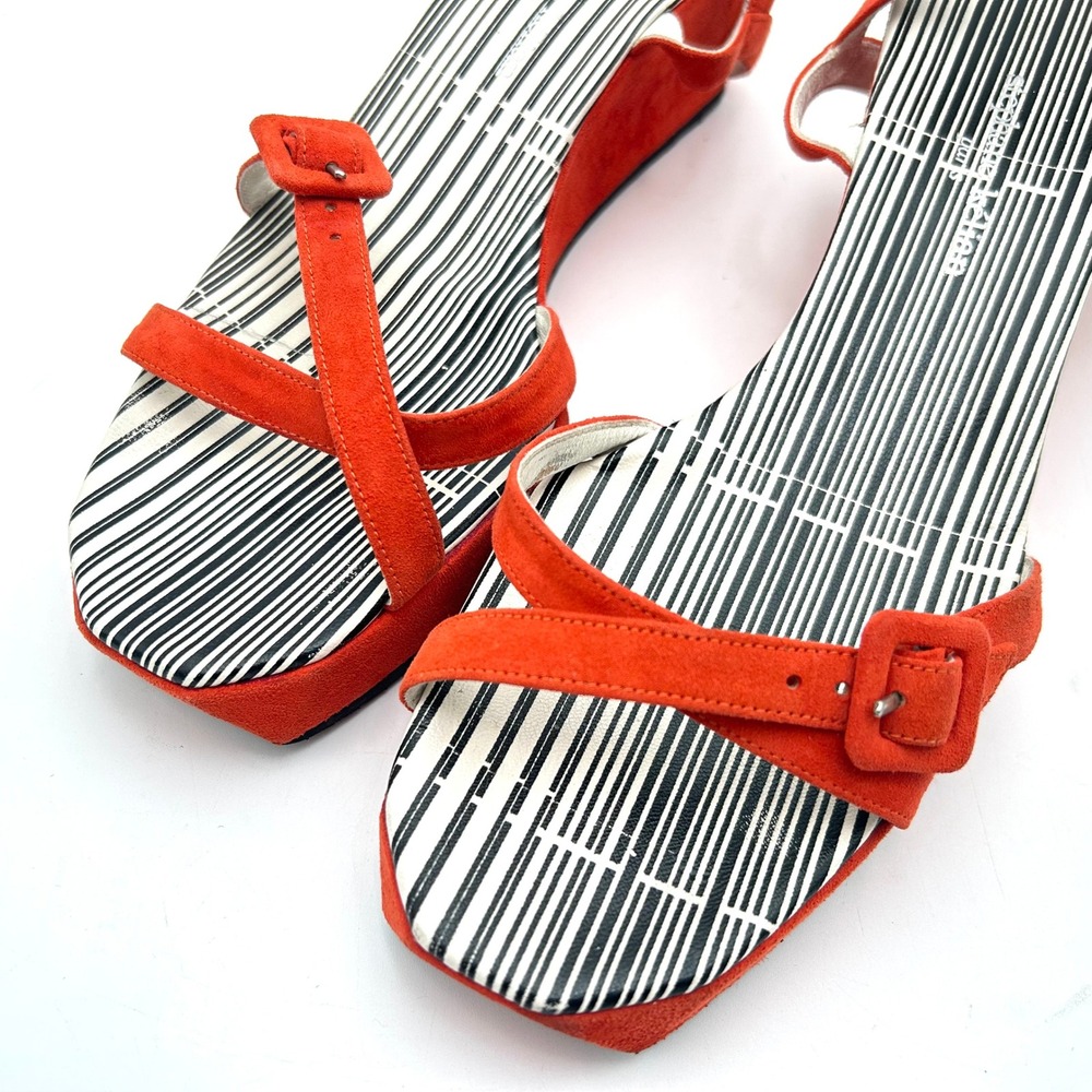 Stephane Kelian Paris Orange Suede Stripe Platform Wedge Sandal Square Size 8
